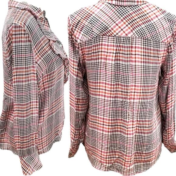 J. Jill Plaid Ruffle Long Sleeve Mother of Pearl buttons size medium - Picture 2 of 7